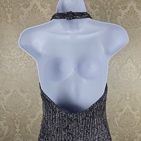 BASIX II Sz 4 100% Silk Gray Halter Dress Silver Sequin Embellishment Open Back - Picture 10 of 14